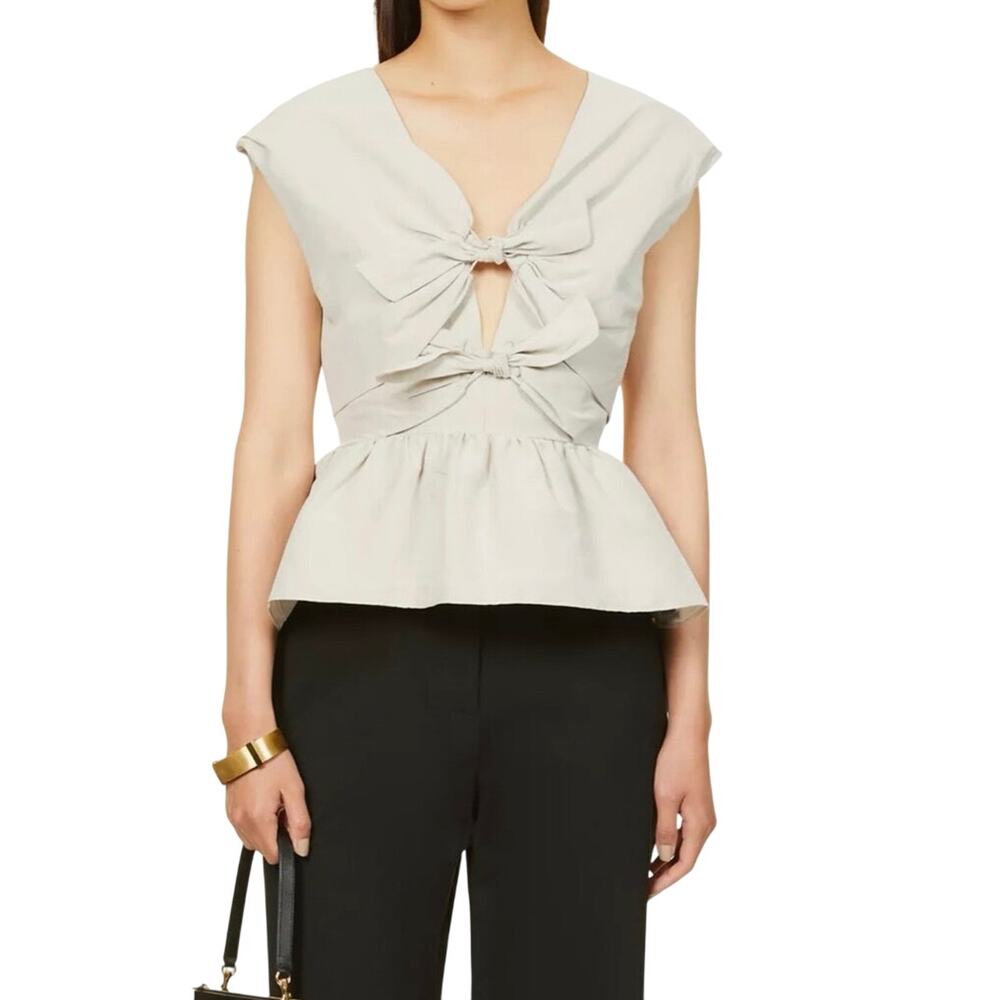 TOVE Linen Blend Tie Front Peplum Top Beige Sleeveless Open Front Size 40